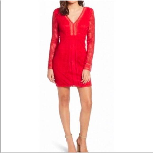 Astr Dresses & Skirts - ASTR Mini Dress Red Eyelet Bodycon Long Sleeve Cutout Semi Sheer NWT M Mesh